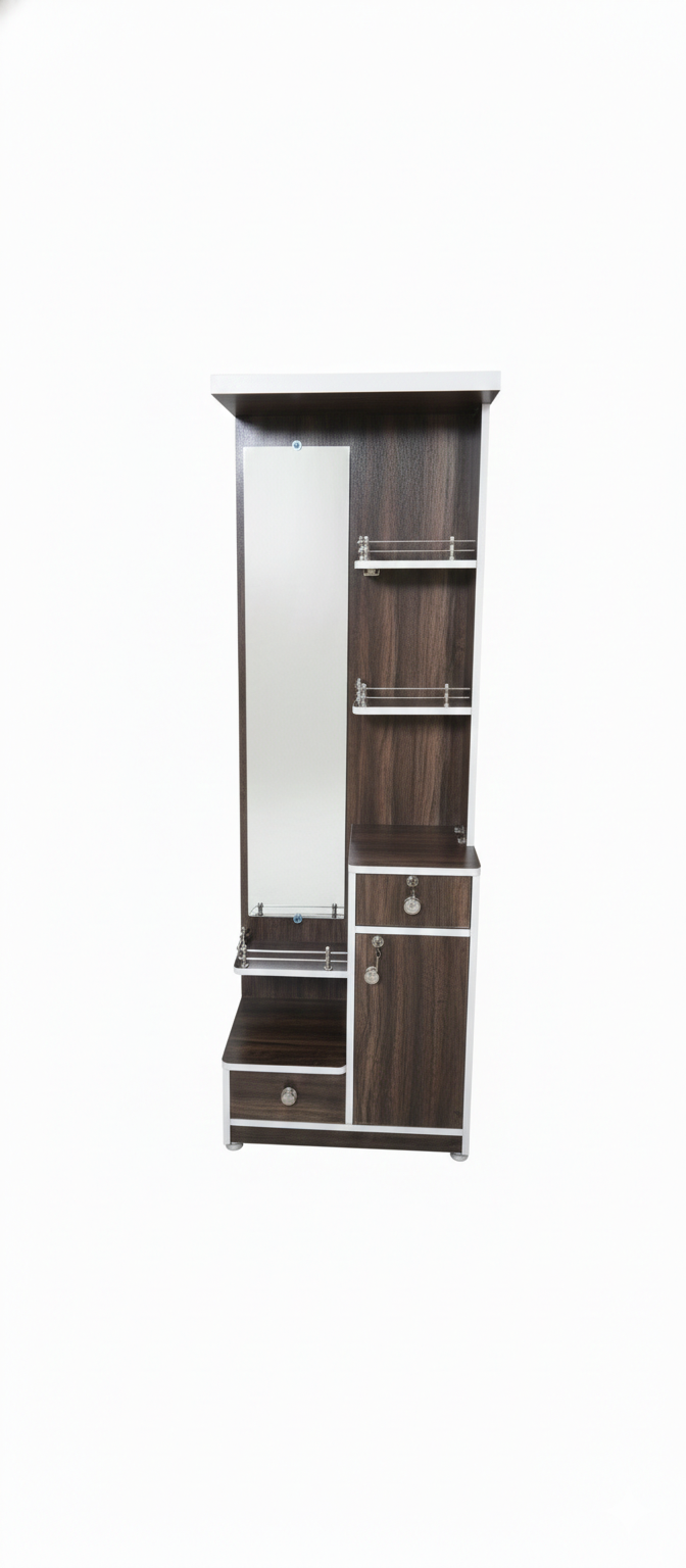 Modern Round Dressing Table with Mirror & Storage | Space Saving Corner Vanity Table with Shelves & Cabinet