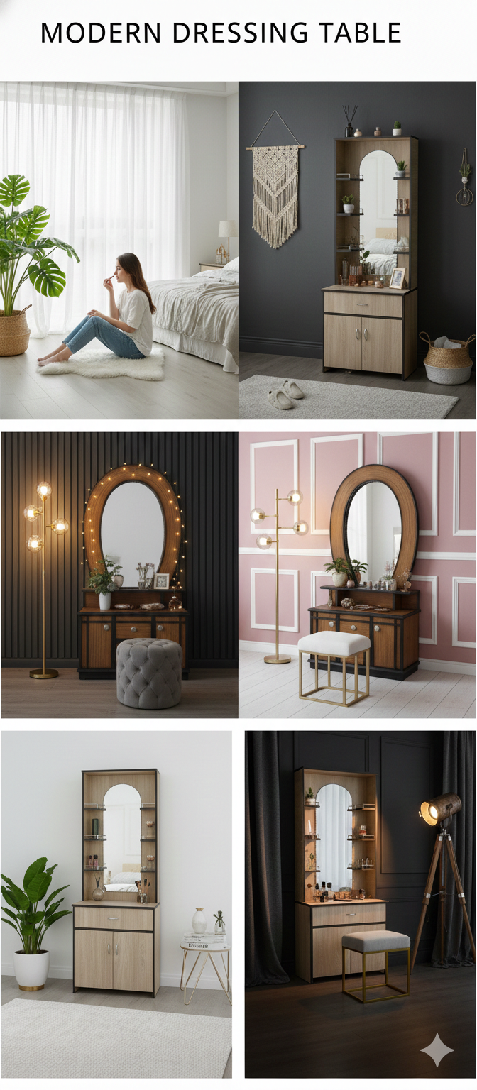 Wooden Dressing Table with Oval Mirror & 3-Drawer Storage | Modern Vanity Dresser with Shelves & Cabinet | Bedroom Furniture (Dark Walnut Finish)