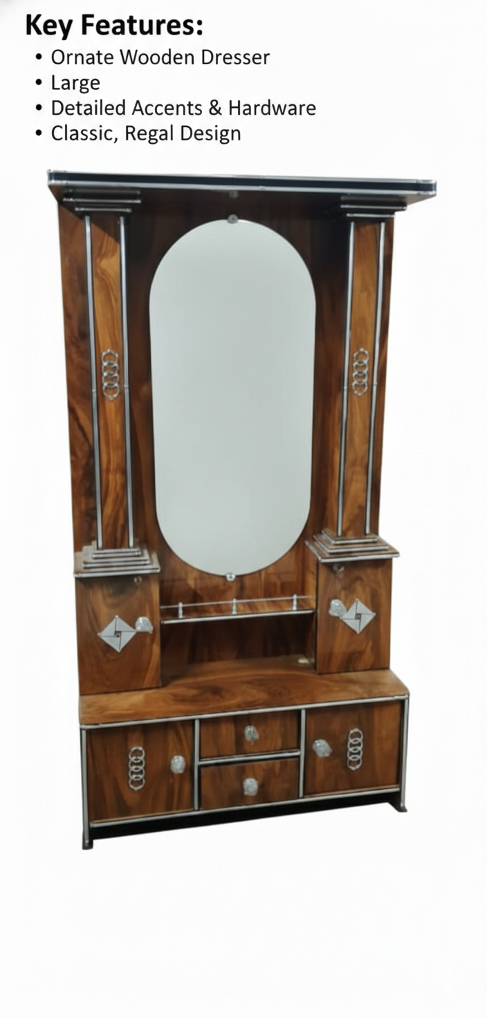 Luxury Wooden Dressing Table with Mirror | Large Ornate Dresser with Storage Drawers