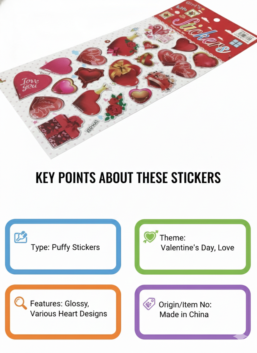 Valentine Puffy Heart Stickers – Cute 3D Love Stickers for Crafts & Gifts