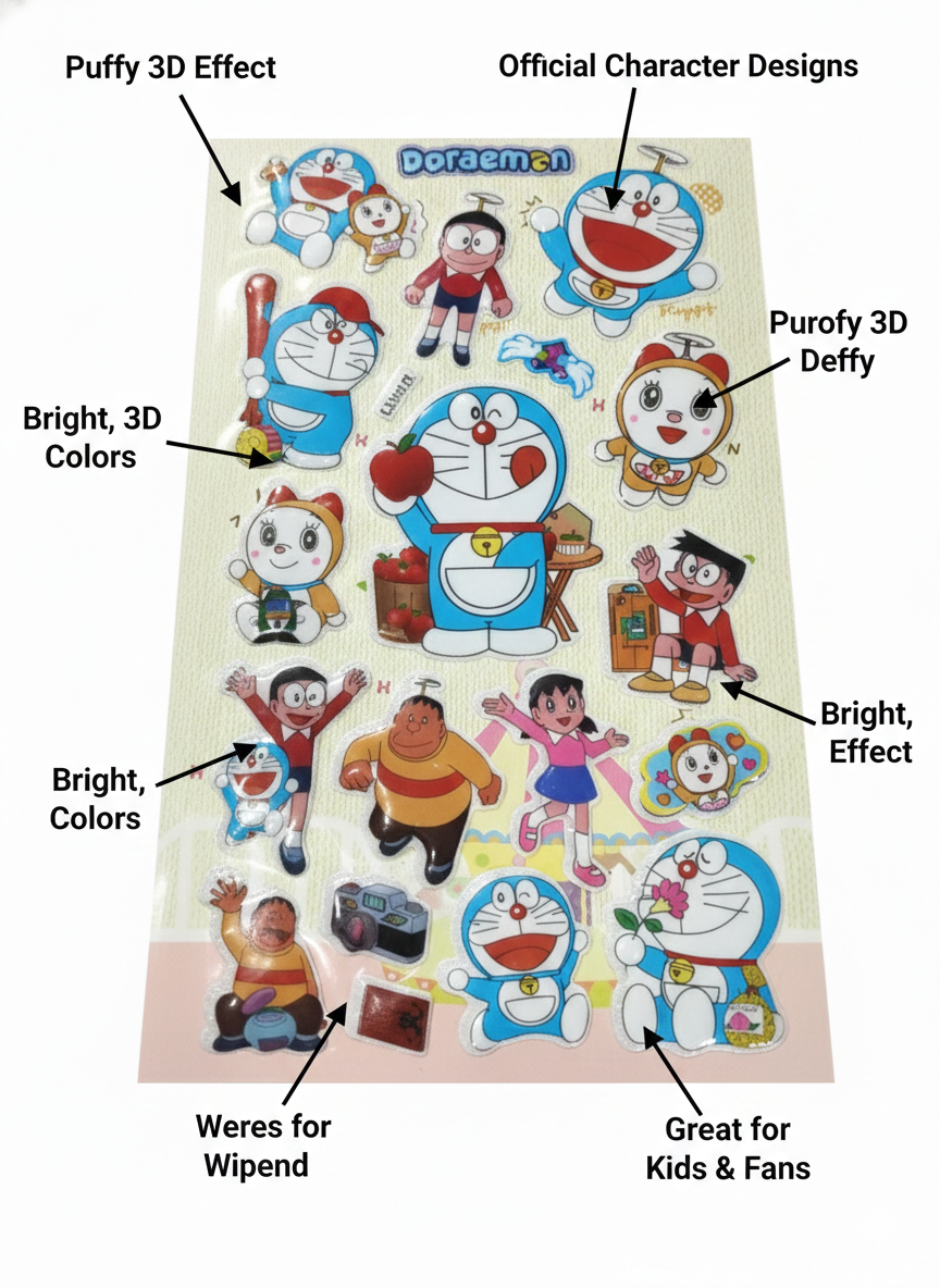 Doraemon Puffy 3D Stickers for Kids – Cute Anime Cartoon Sticker Sheet with Doraemon,
