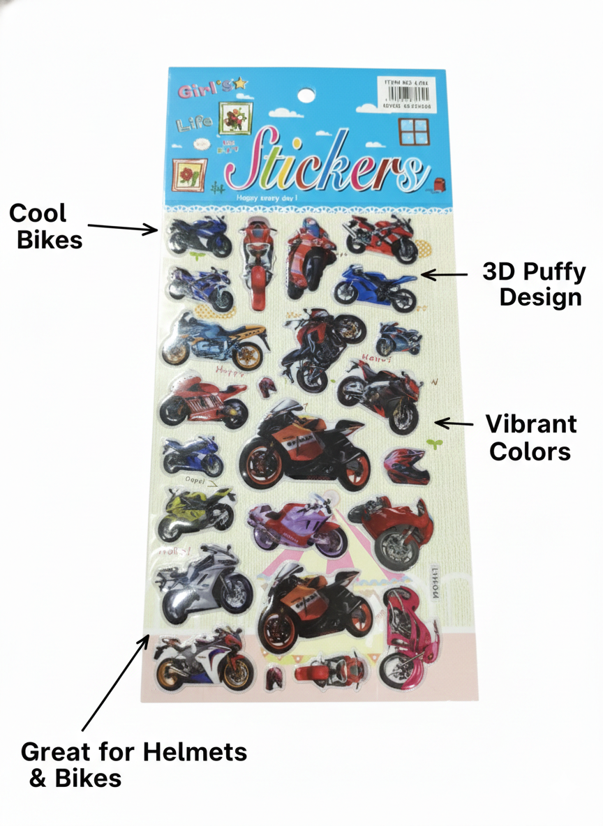 3D Puffy Motorcycle Stickers for Kids – Cool Sport Bike Sticker Sheet,