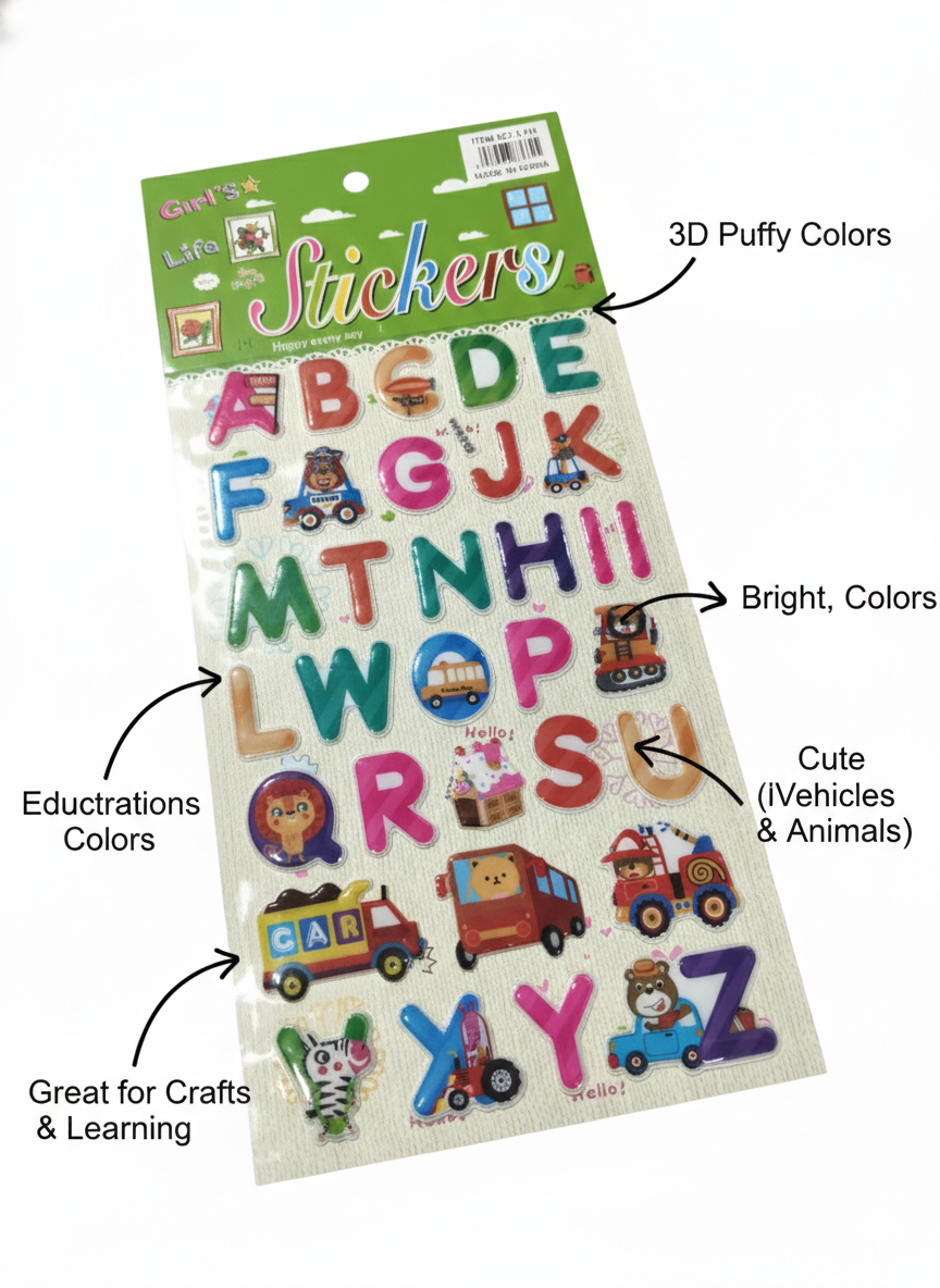 3D Puffy Alphabet Stickers for Kids – Colorful ABC Letter Stickers with Cute Animals & Vehicles