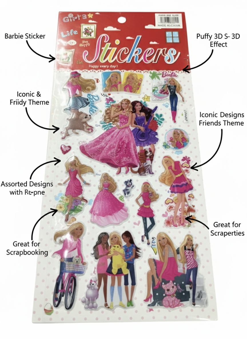 Barbie Puffy 3D Stickers for Kids – Cute Barbie Girl & Friends Sticker Sheet, Assorted Designs