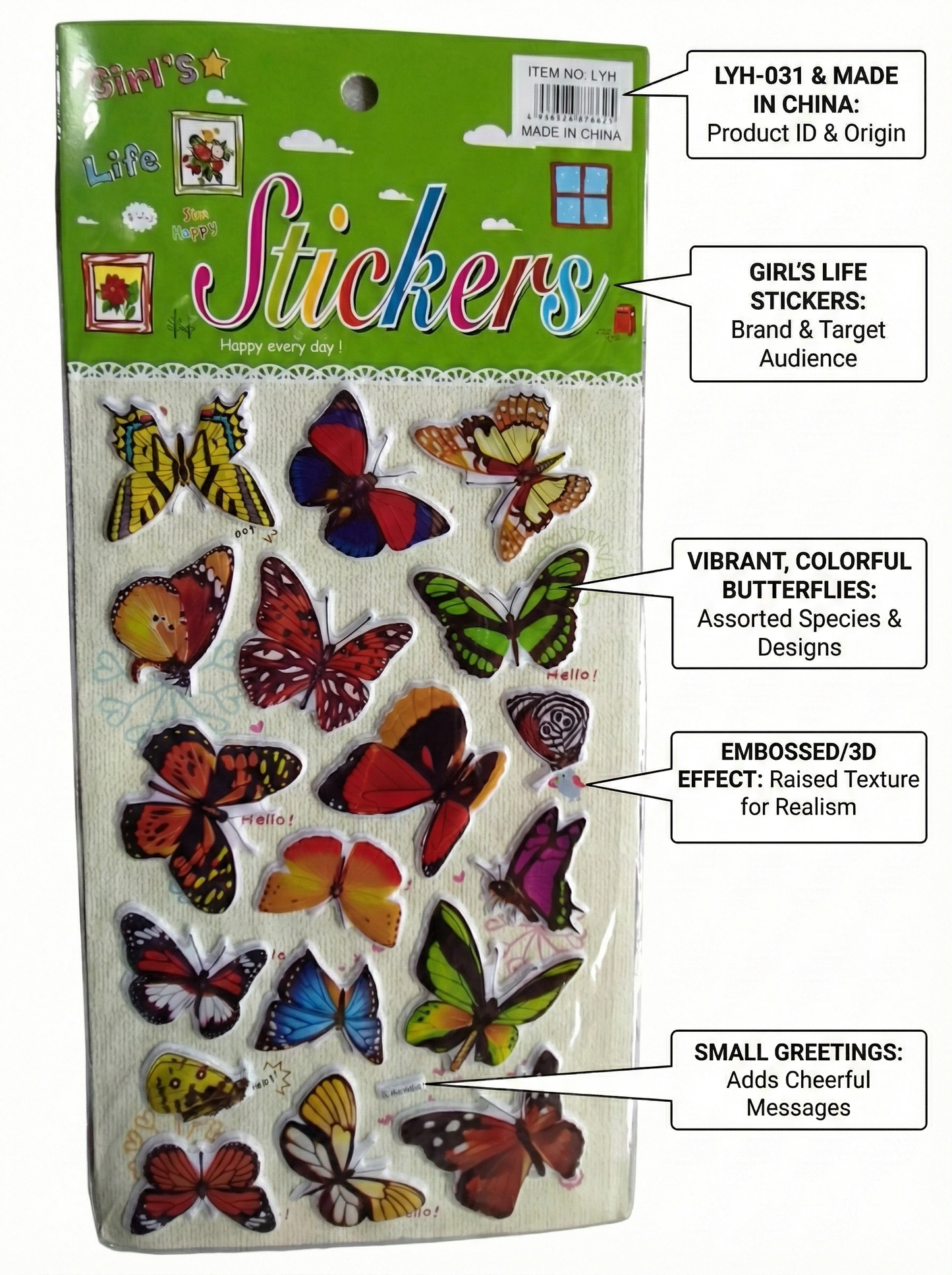 3D Butterfly Stickers for Kids – Colorful Embossed Girls Life Sticker Sheet,