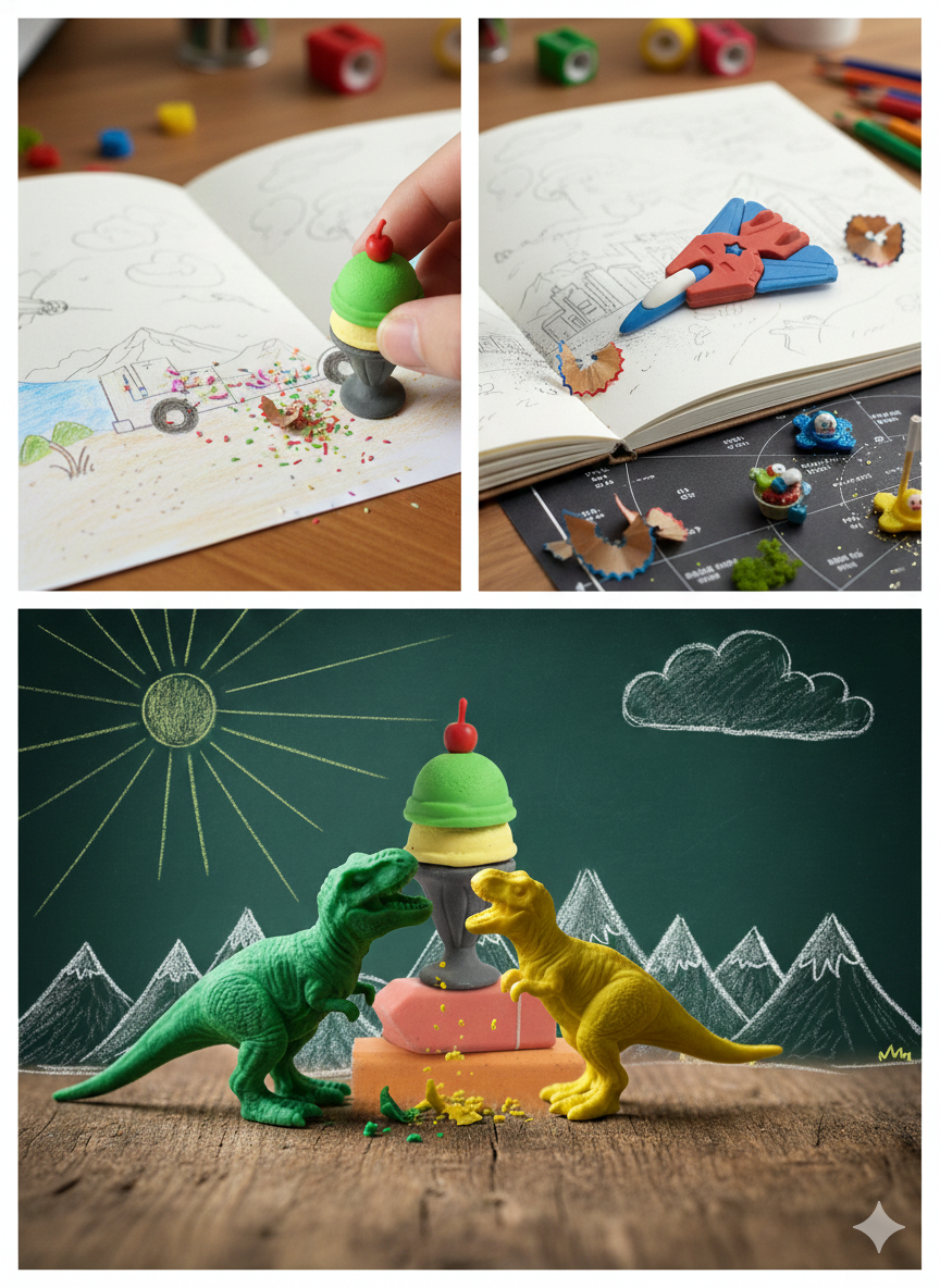 Cute 3D Erasers for Kids Combo | Ice Cream, Dinosaur, Jet & Car Erasers (set of 3)