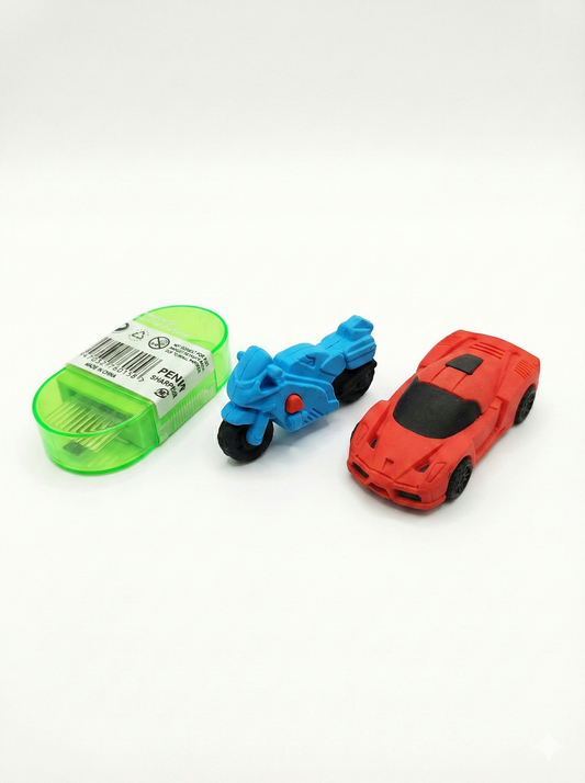 Kids Stationery Combo Set | 2-in-1 Pencil Sharpener with Eraser & Brush + 3D Car & Motorcycle Erasers