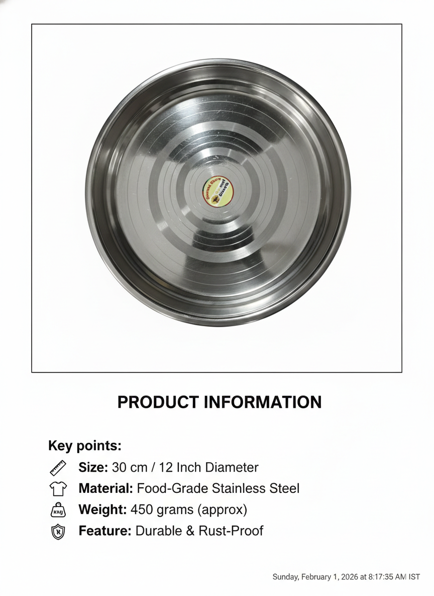 12 Inch Stainless Steel Plate (30 cm) | Food-Grade Steel Thali single peace