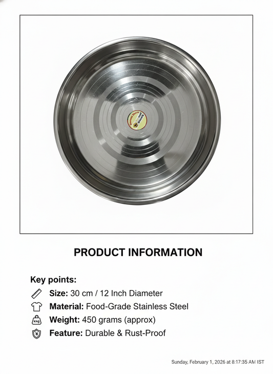 12 Inch Stainless Steel Plate (30 cm) | Food-Grade Steel Thali single peace