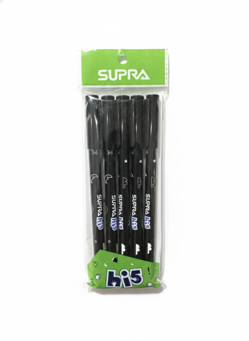 SUPRA Hi5 Ball Pens Pack of 5 | Smooth Writing Black Ink Pens