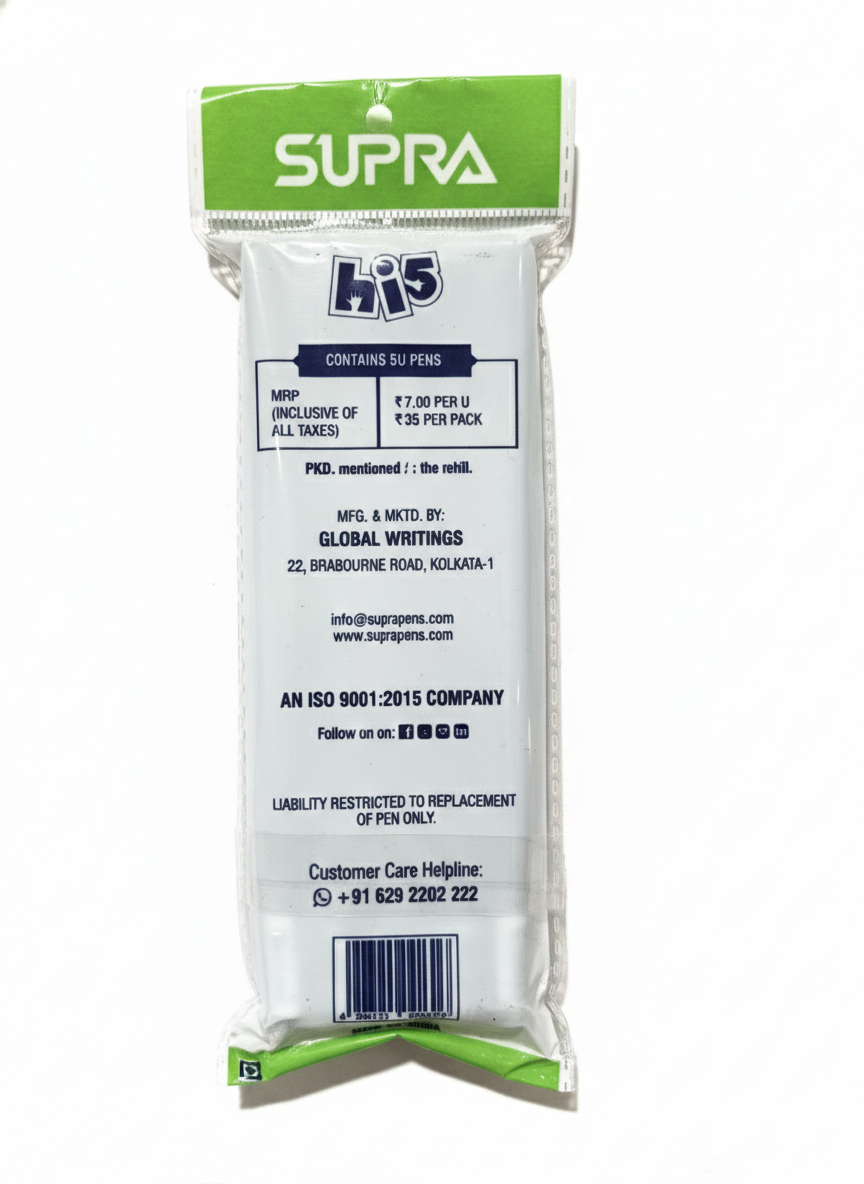 SUPRA Hi5 Ball Pens Pack of 5 | Smooth Writing Black Ink Pens