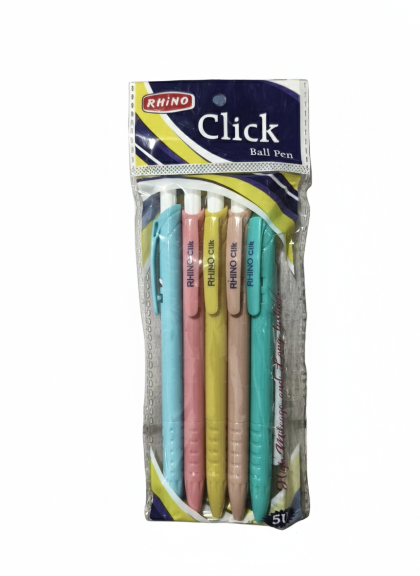 RHINO Click Ball Pen Smooth Writing Blue Ink Pens Pack of 5