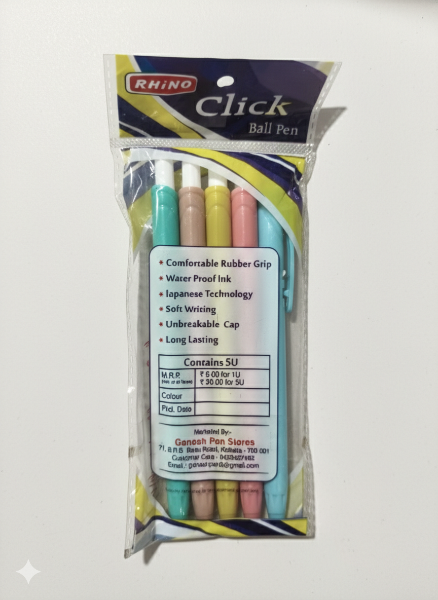 RHINO Click Ball Pen Smooth Writing Blue Ink Pens Pack of 5
