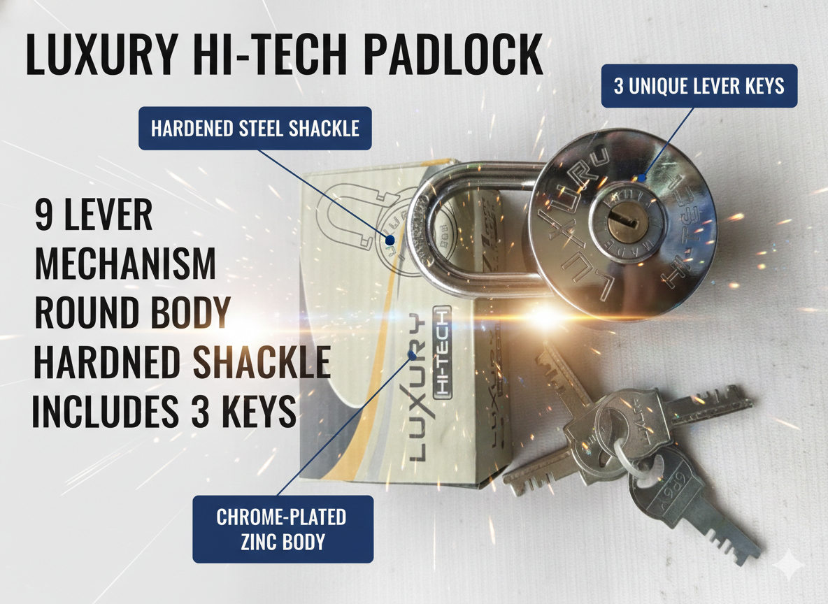 Luxury Hi-Tech 9 Lever Round Padlock with 3 Keys | Chrome Plated Zinc Body Lock with Hardened Steel Shackle