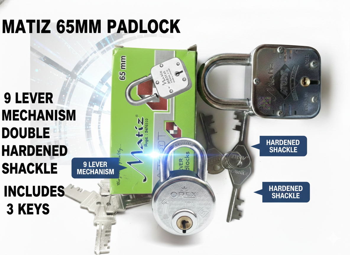 Matiz 65mm Heavy Duty Padlock with 3 Keys | 9 Lever Double Lock Mechanism