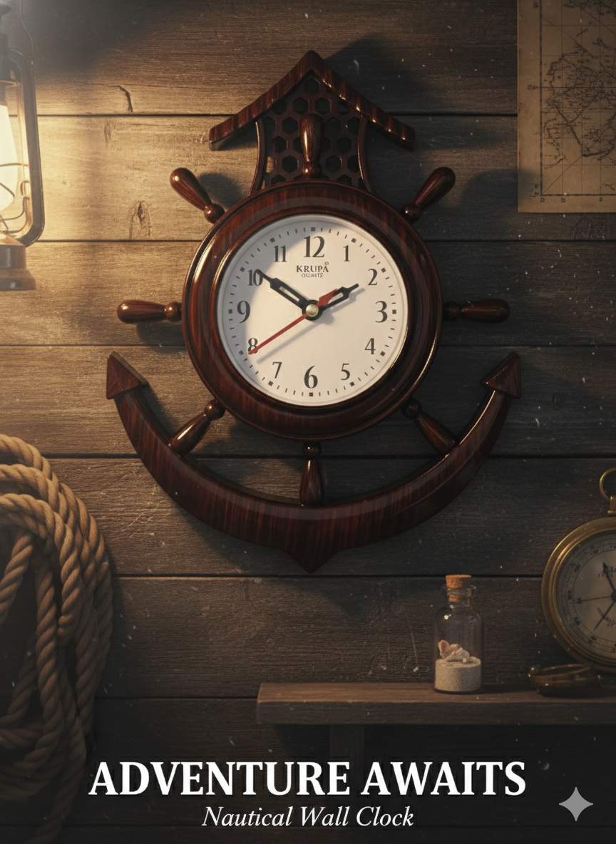 Nautical Ship Wheel Wall Clock with Anchor Design
