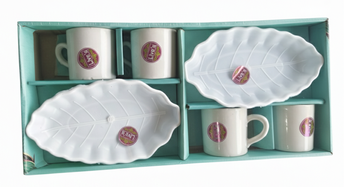 Tea Coffee Cup Set with Snack Plates (4 Cups + 2 Plates) | Ceramic Tea Set for Serving