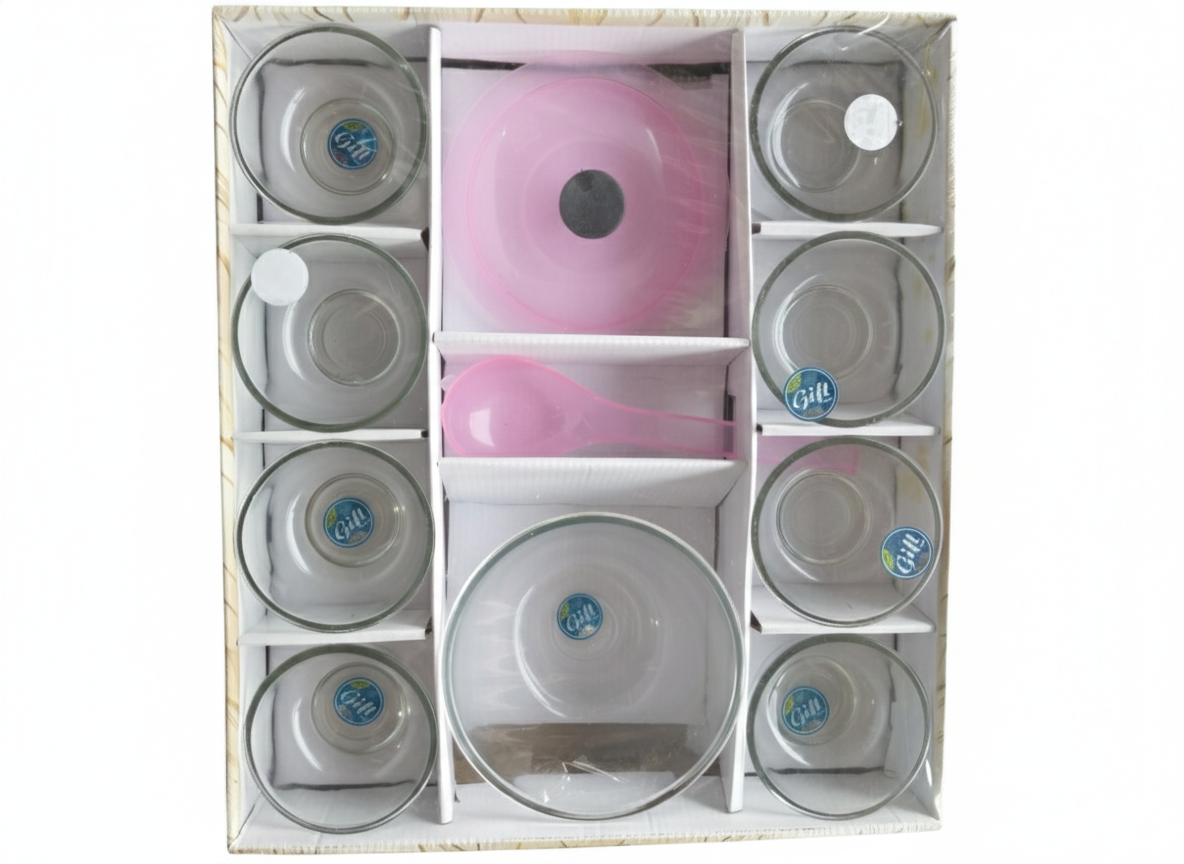 Glass Bowl Set with Lid & Spoon ( 11 PCS) | 8 Transparent Glass Bowls + 1 White Lid + 1 Spoon | Kitchen Serving & Storage Set for Home