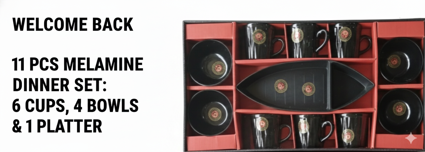 11 PCS Melamine Dinner Set | 6 Cups, 4 Bowls & 1 Serving Platter | Unbreakable Dinnerware Set | Stylish Kitchen & Dining Set for Home & Gifting