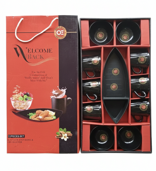 Welcome Black 11-Piece Tea & Coffee Cup Set with Serving Tray