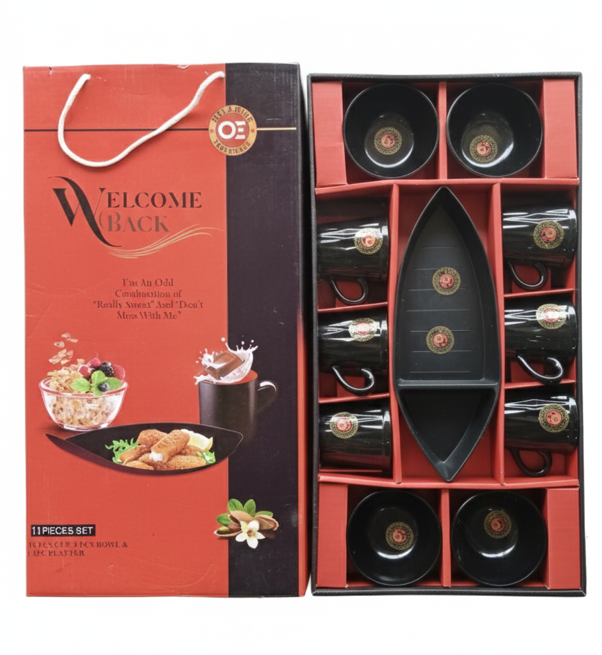 11 PCS Melamine Dinner Set | 6 Cups, 4 Bowls & 1 Serving Platter | Unbreakable Dinnerware Set | Stylish Kitchen & Dining Set for Home & Gifting