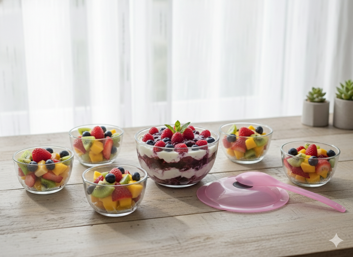 Glass Bowl Set with Lid & Spoon ( 11 PCS) | 8 Transparent Glass Bowls + 1 White Lid + 1 Spoon | Kitchen Serving & Storage Set for Home