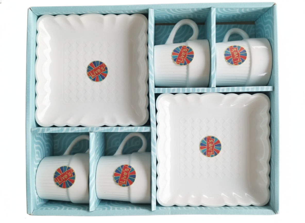 6-Piece Ceramic Tea Cup & Snack Plate Set | White Coffee Mug Set with 2 Square Plates
