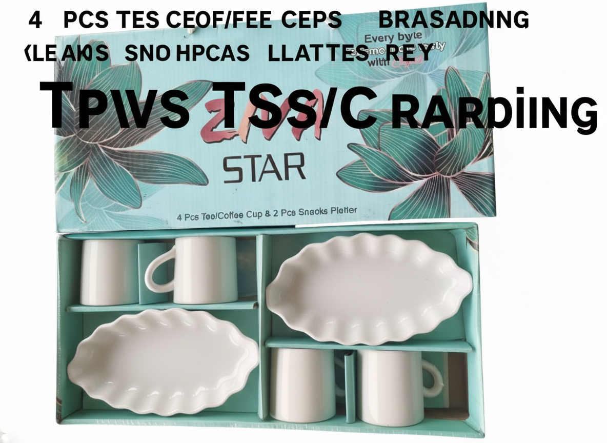 Tea Coffee Cup Set with Snack Plates (4 Cups + 2 Plates) | Ceramic Tea Set for Serving
