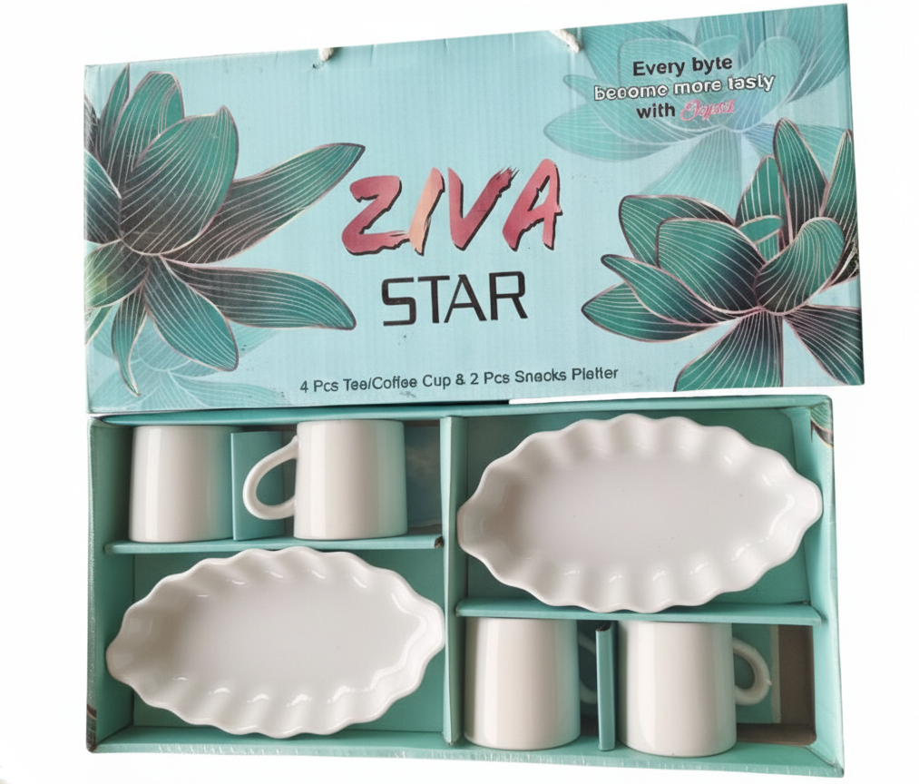 Tea Coffee Cup Set with Snack Plates (4 Cups + 2 Plates) | Ceramic Tea Set for Serving