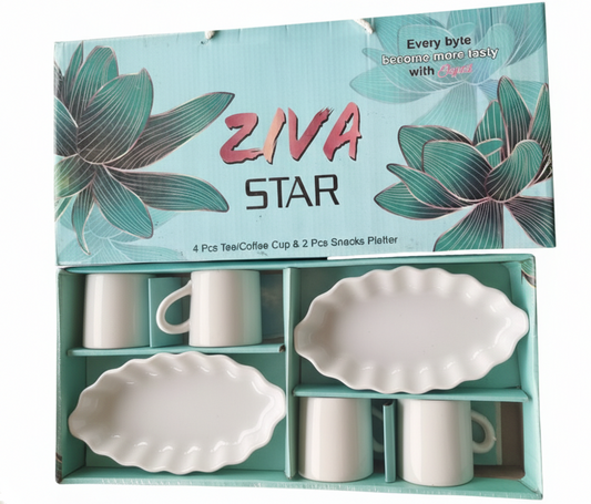 Tea Coffee Cup Set with Snack Plates (4 Cups + 2 Plates) | Ceramic Tea Set for Serving