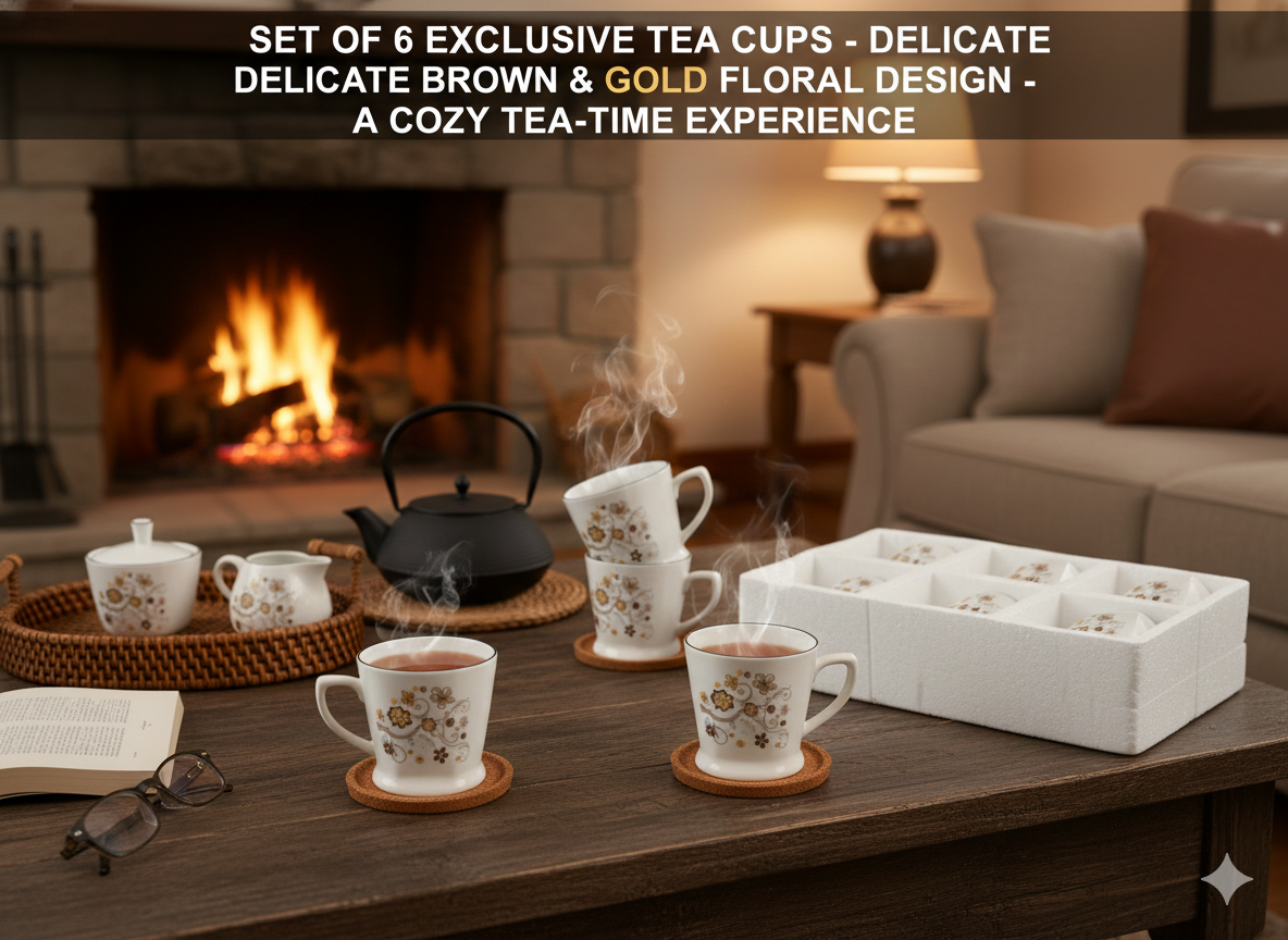 Designer Tea Cup Set (6 Pieces) | Elegant Brown & Gold Printed Ceramic Cups