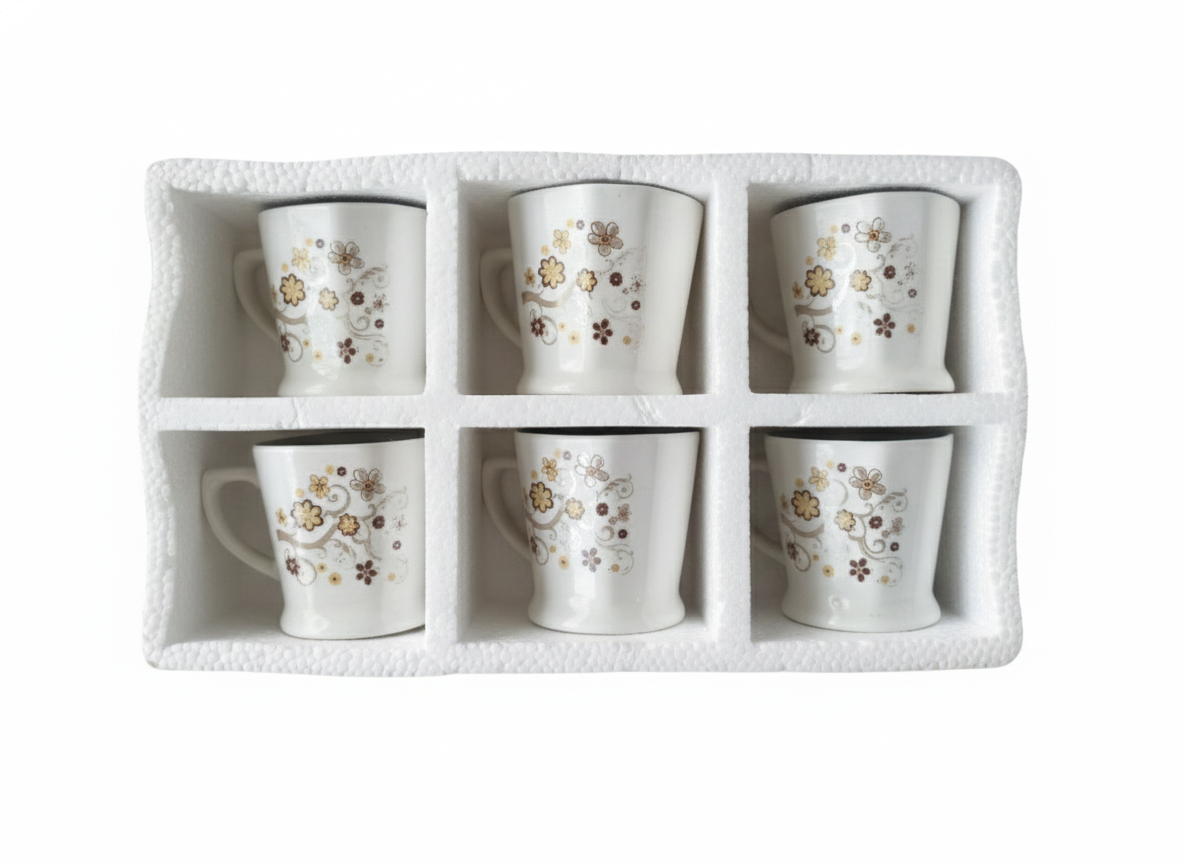 Designer Tea Cup Set (6 Pieces) | Elegant Brown & Gold Printed Ceramic Cups