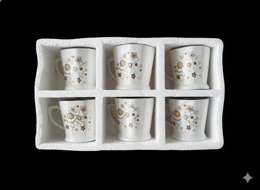 Designer Tea Cup Set (6 Pieces) | Elegant Brown & Gold Printed Ceramic Cups
