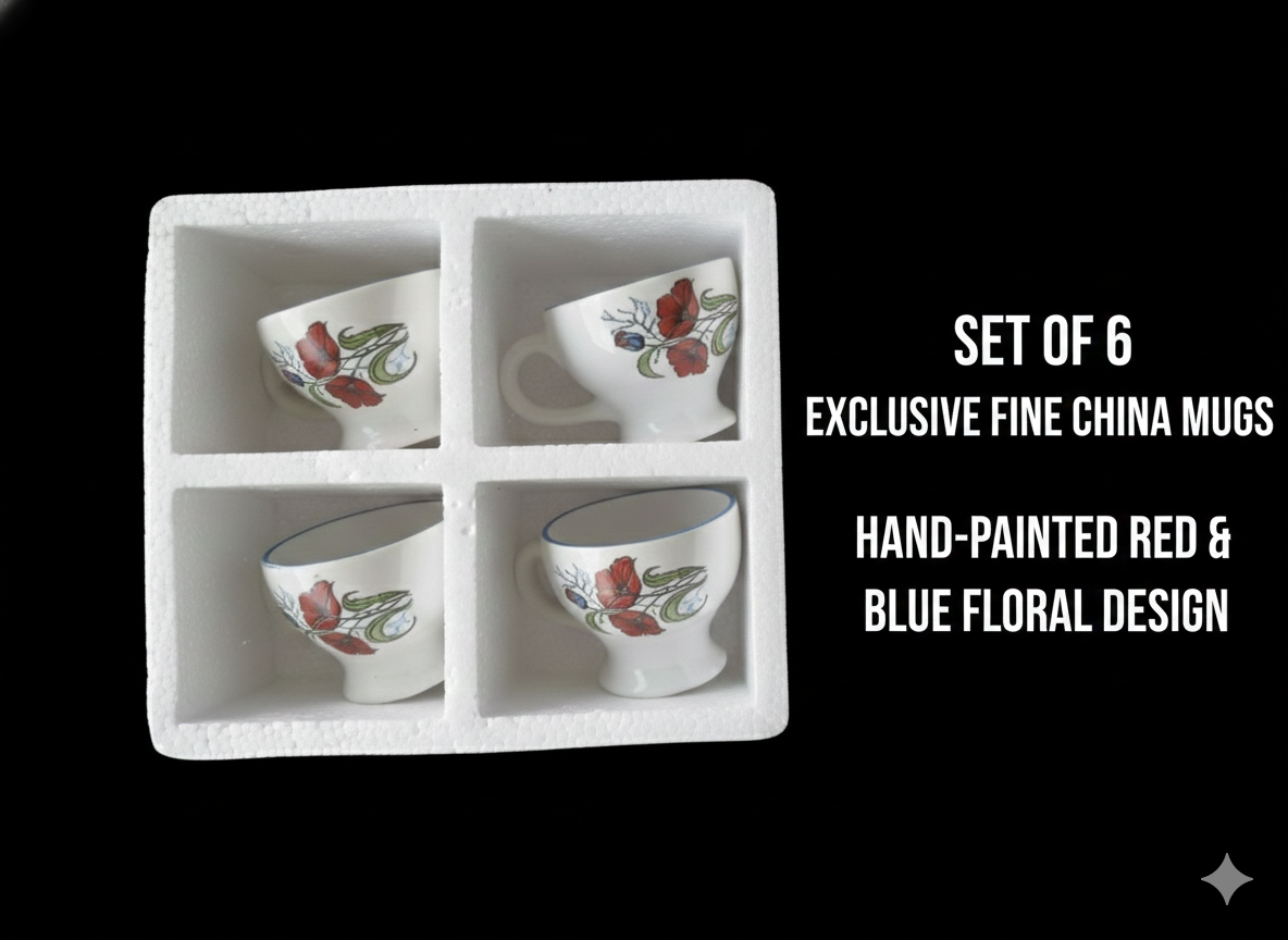 Fine China Tea Cup Set (6 Pieces) | Hand-Painted Floral Ceramic Cups for Tea & Coffee