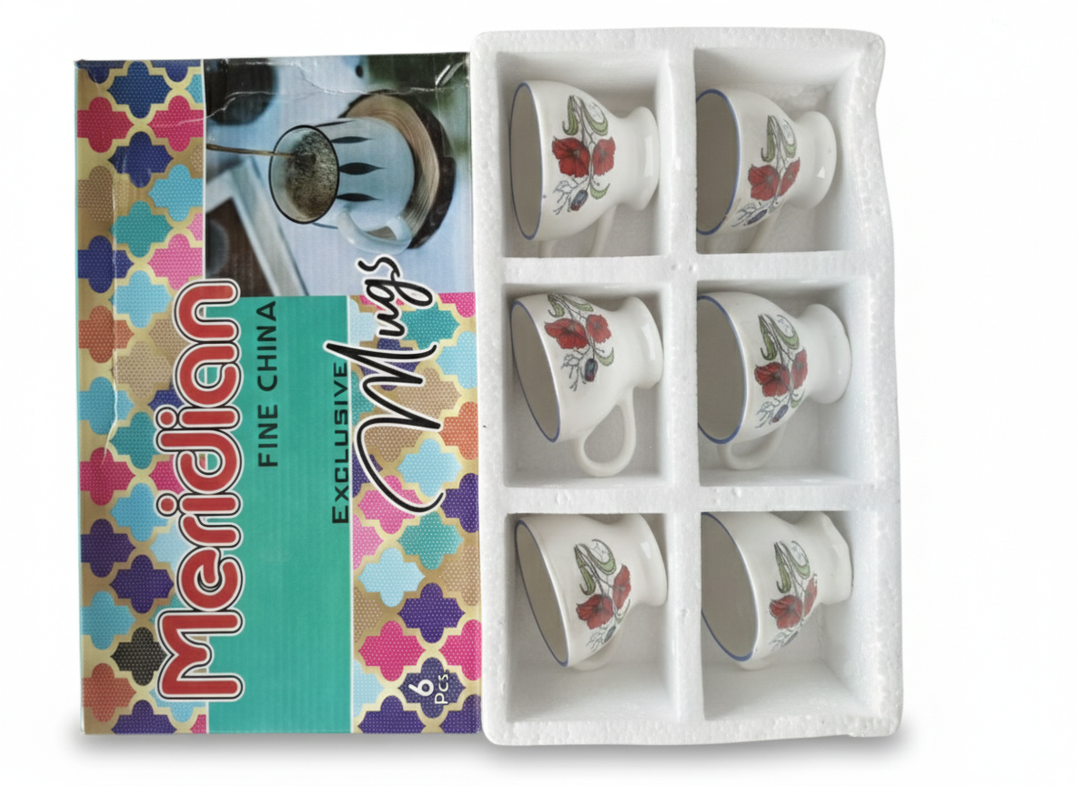 Fine China Tea Cup Set (6 Pieces) | Hand-Painted Floral Ceramic Cups for Tea & Coffee