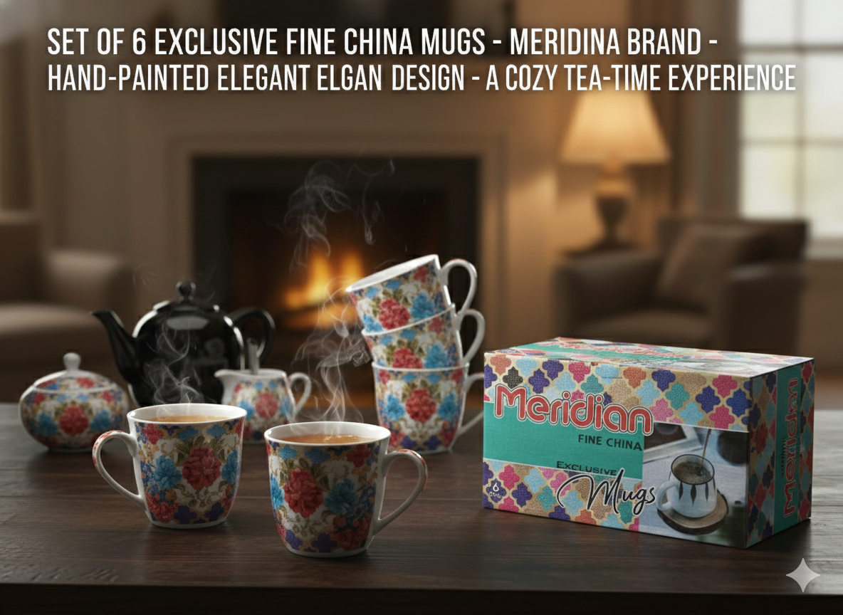 Fine China Tea Cup Set (6 Pieces) | Hand-Painted Floral Ceramic Cups for Tea & Coffee