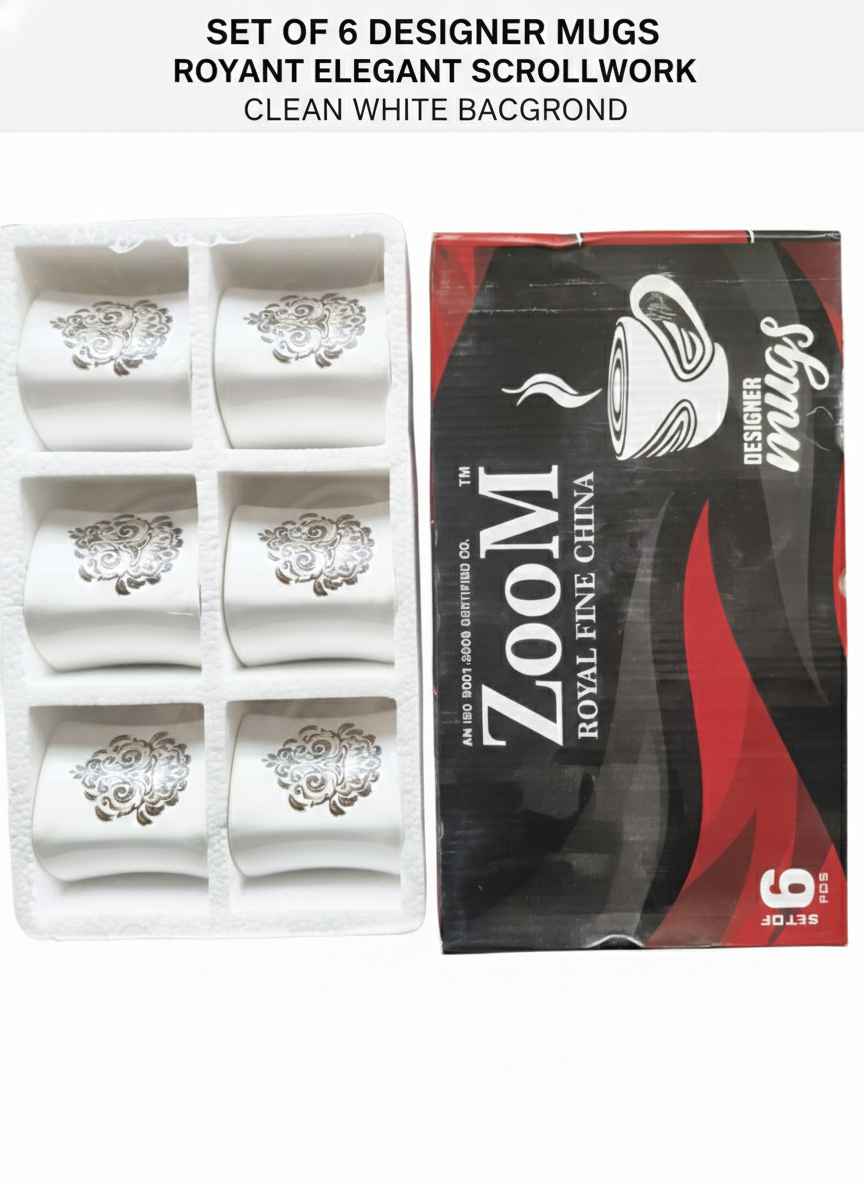 Zoom Designer Coffee Mug Set (6 Pieces) | Elegant Printed Ceramic Cups for Tea & Coffee