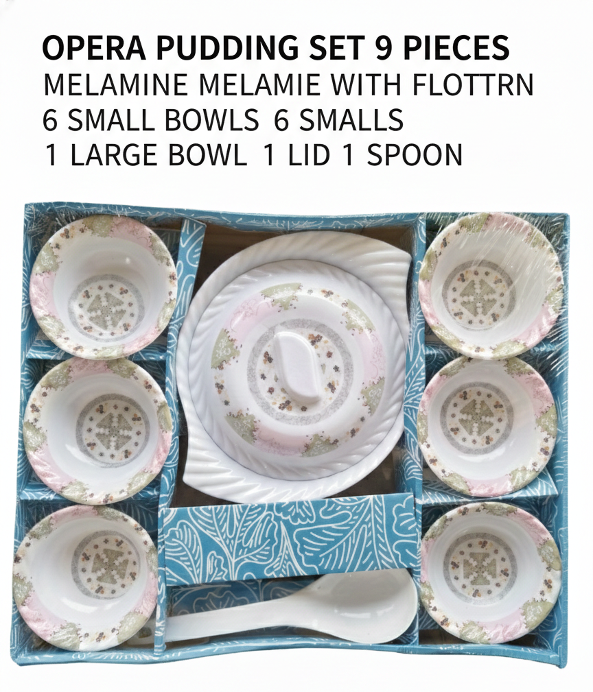 Opera 9 Pcs Pudding Set | Melamine Dessert Bowl Set with Lid & Spoon