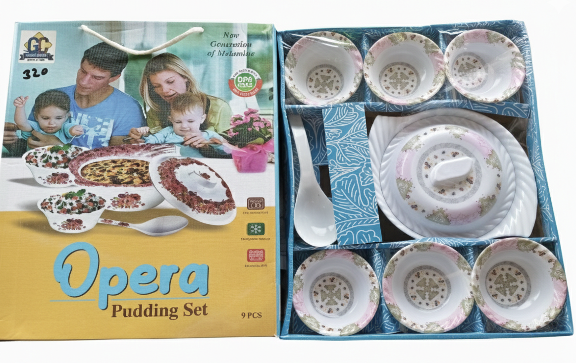 Opera 9 Pcs Pudding Set | Melamine Dessert Bowl Set with Lid & Spoon