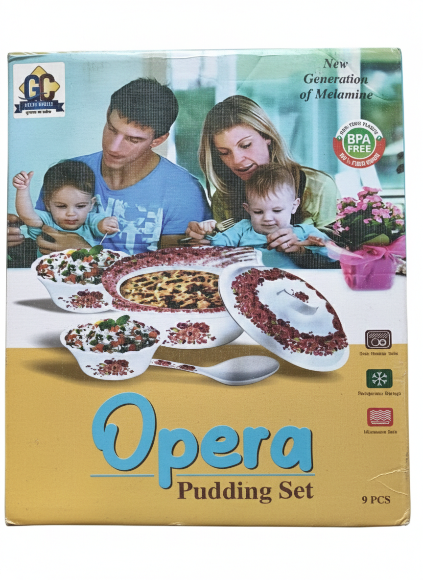 Opera 9 Pcs Pudding Set | Melamine Dessert Bowl Set with Lid & Spoon