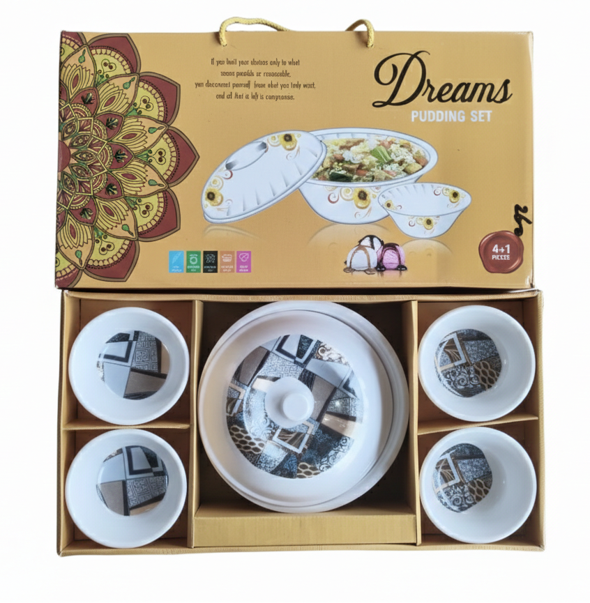5 Pcs Pudding Set with Lid | Dessert Bowl Set with Serving Dish