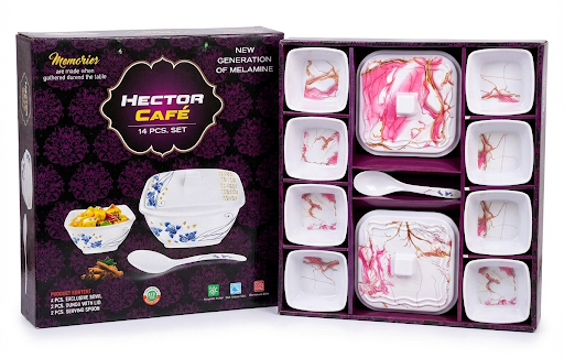 Hector Café 14 Pcs Melamine Dinner Set | Square Bowls Set with 2 Large Bowls & 2 Spoons