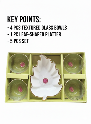 5 Pcs Glass Bowl Set with Leaf Shaped Platter | 4 Textured Glass Bowls + 1 Designer Serving Plate