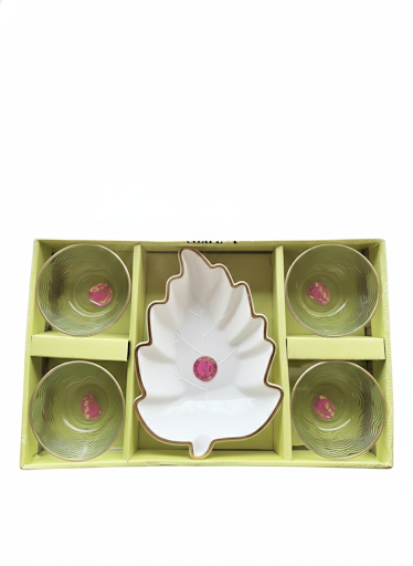 5 Pcs Glass Bowl Set with Leaf Shaped Platter | 4 Textured Glass Bowls + 1 Designer Serving Plate