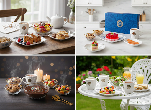 8 Pcs Cup & Snack Serving Set | 6 Textured Cups with 2 Leaf Shaped Platters