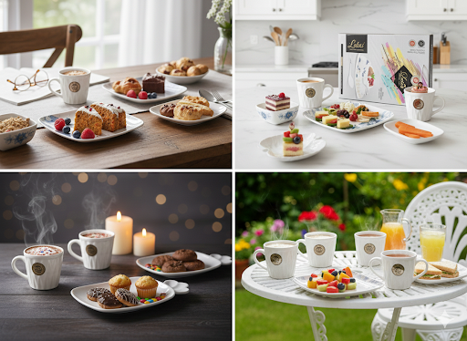8 Pcs Cup & Snack Serving Set | 6 Textured Cups with 2 Leaf Shaped Platters