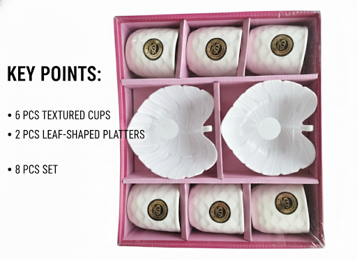 8 Pcs Cup & Snack Serving Set | 6 Textured Cups with 2 Leaf Shaped Platters