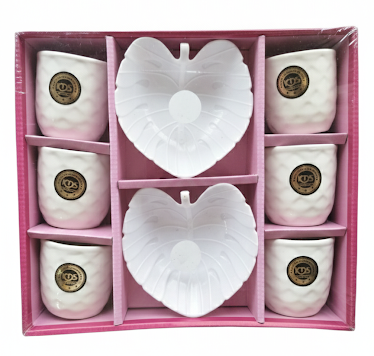 8 Pcs Cup & Snack Serving Set | 6 Textured Cups with 2 Leaf Shaped Platters