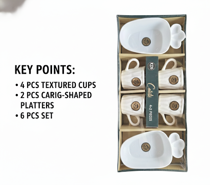6 Pcs Cup & Snack Serving Set | 4 Textured Cups with 2 Designer Platters