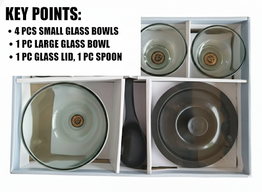 6 Pcs Glass Bowl Set with Lid & Spoon | 4 Small Glass Bowls + 1 Large Bowl with Lid